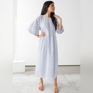 🩷 & Other Stories Anthropologie White & Blue Floral Puff Sleeve Midi Dress M 💙